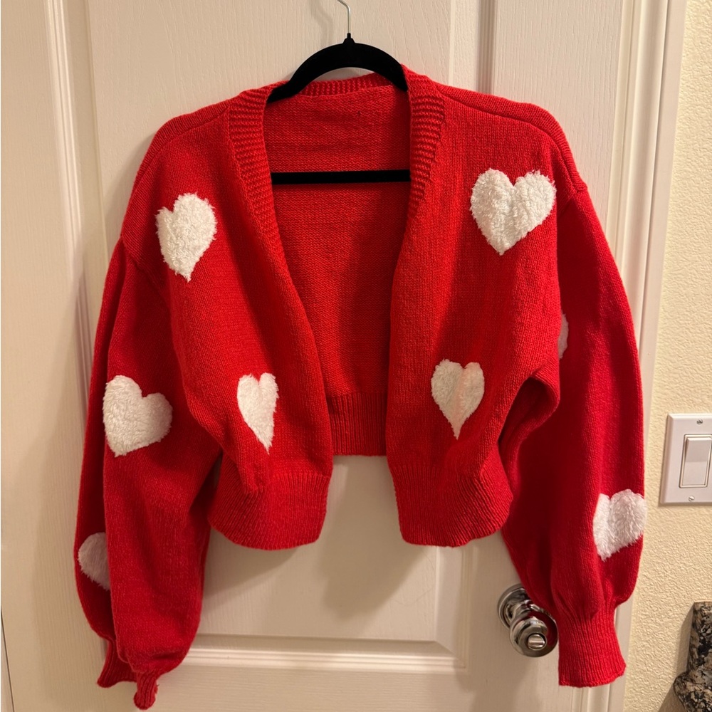 cropped red cardigan with white fuzzy hearts